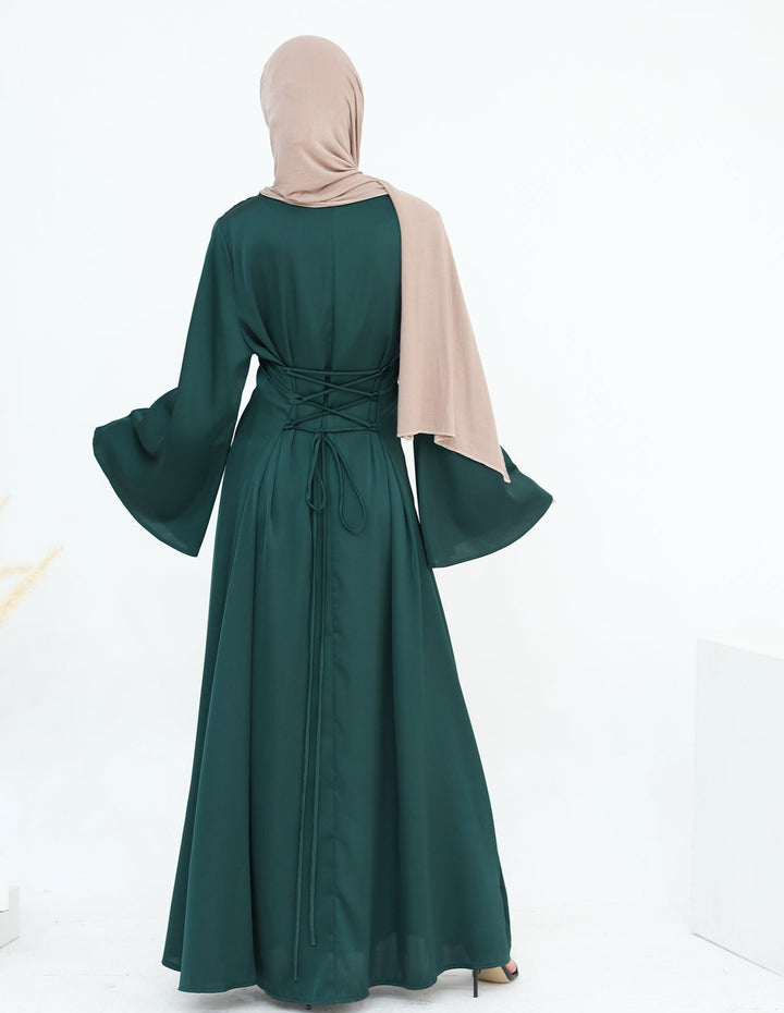 Get trendy with Calista Trumpet Sleeves Satin Dress - Emerald - Dresses available at Voilee NY. Grab yours for $59.90 today!