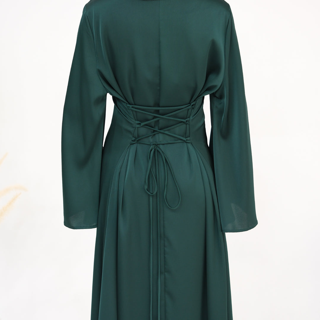 Get trendy with Calista Trumpet Sleeves Satin Dress - Emerald - Dresses available at Voilee NY. Grab yours for $59.90 today!