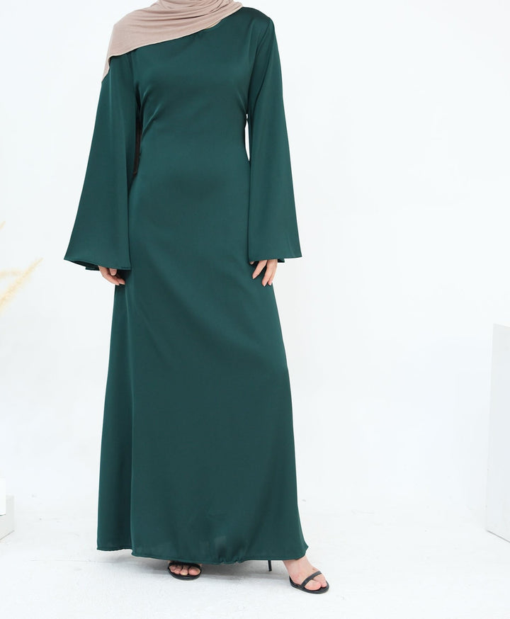 Get trendy with Calista Trumpet Sleeves Satin Dress - Emerald - Dresses available at Voilee NY. Grab yours for $59.90 today!