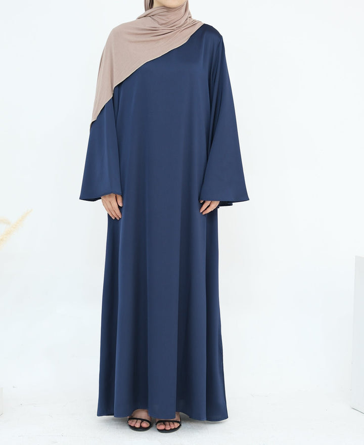 Get trendy with Calista Trumpet Sleeves Satin Dress - Denim - Dresses available at Voilee NY. Grab yours for $59.90 today!