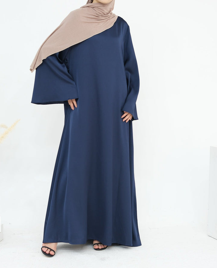 Get trendy with Calista Trumpet Sleeves Satin Dress - Denim - Dresses available at Voilee NY. Grab yours for $59.90 today!