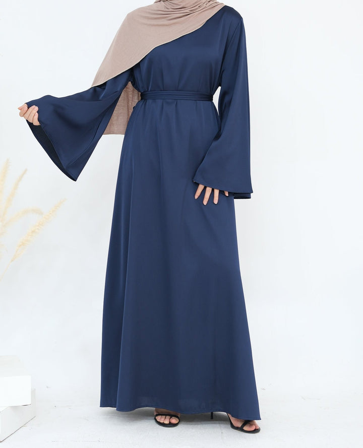 Get trendy with Calista Trumpet Sleeves Satin Dress - Denim - Dresses available at Voilee NY. Grab yours for $59.90 today!