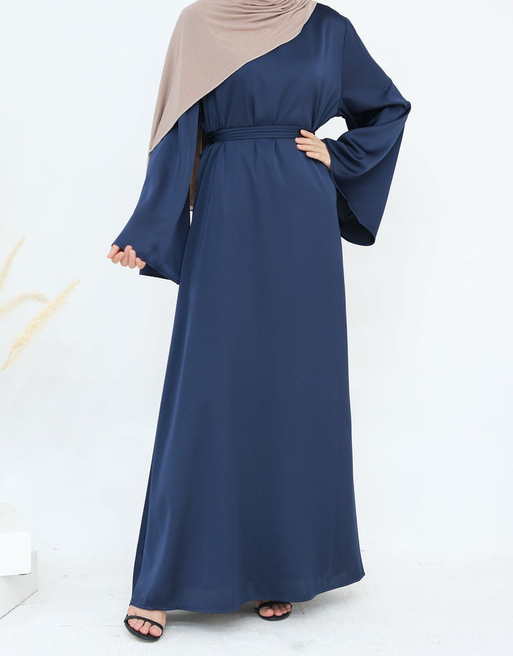 Get trendy with Calista Trumpet Sleeves Satin Dress - Denim - Dresses available at Voilee NY. Grab yours for $59.90 today!