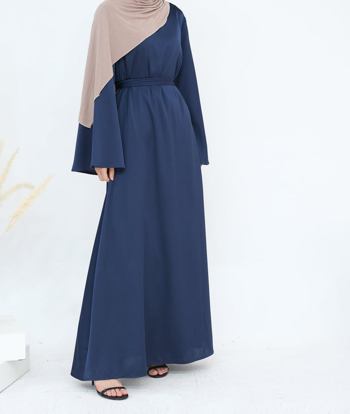 Get trendy with Calista Trumpet Sleeves Satin Dress - Denim - Dresses available at Voilee NY. Grab yours for $59.90 today!