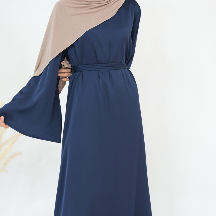 Get trendy with Calista Trumpet Sleeves Satin Dress - Denim - Dresses available at Voilee NY. Grab yours for $59.90 today!