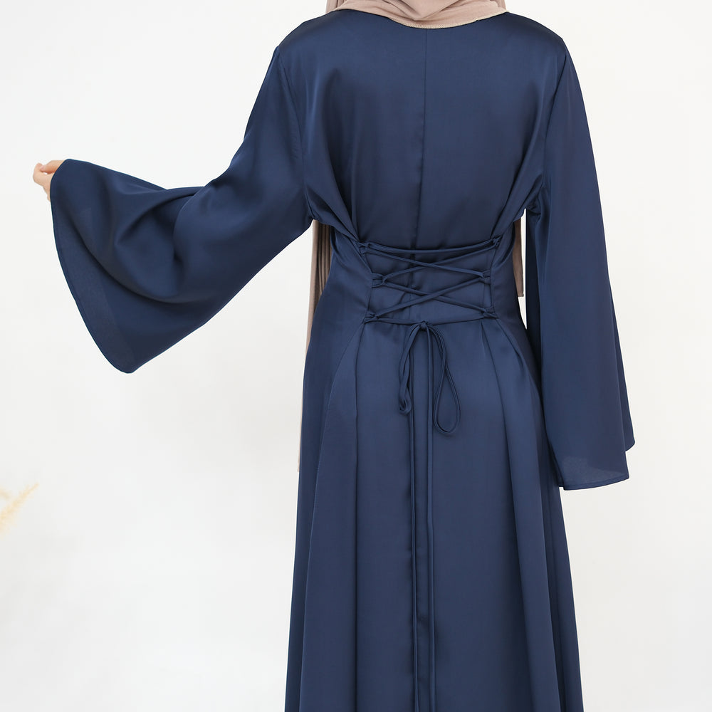 Get trendy with Calista Trumpet Sleeves Satin Dress - Denim - Dresses available at Voilee NY. Grab yours for $59.90 today!