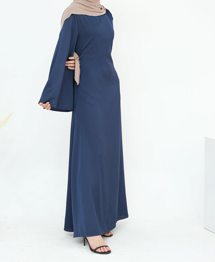 Get trendy with Calista Trumpet Sleeves Satin Dress - Denim - Dresses available at Voilee NY. Grab yours for $59.90 today!