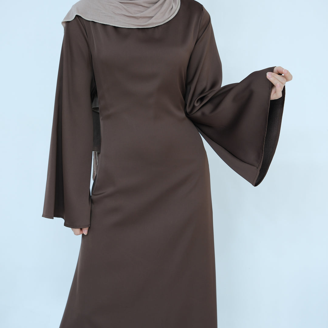 Get trendy with Calista Trumpet Sleeves Satin Dress - Brown - Dresses available at Voilee NY. Grab yours for $59.90 today!