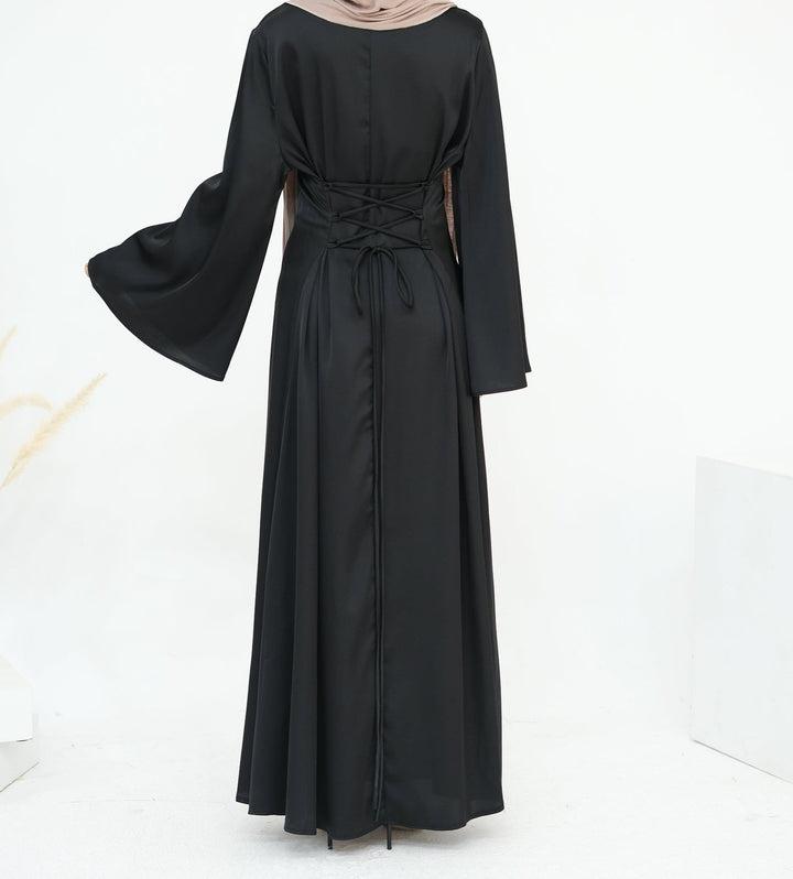 Get trendy with Calista Trumpet Sleeves Satin Dress - Black - Dresses available at Voilee NY. Grab yours for $59.90 today!