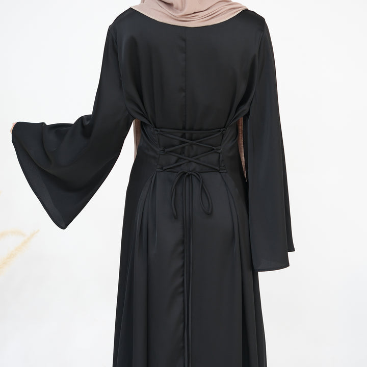 Get trendy with Calista Trumpet Sleeves Satin Dress - Black - Dresses available at Voilee NY. Grab yours for $59.90 today!