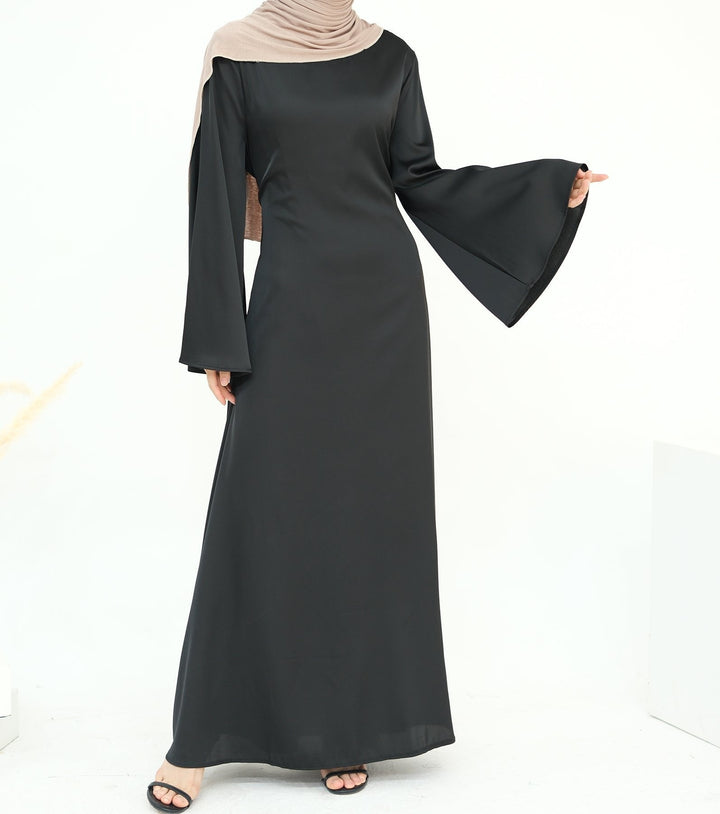 Get trendy with Calista Trumpet Sleeves Satin Dress - Black - Dresses available at Voilee NY. Grab yours for $59.90 today!