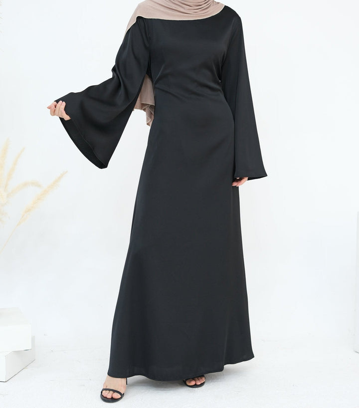 Get trendy with Calista Trumpet Sleeves Satin Dress - Black - Dresses available at Voilee NY. Grab yours for $59.90 today!