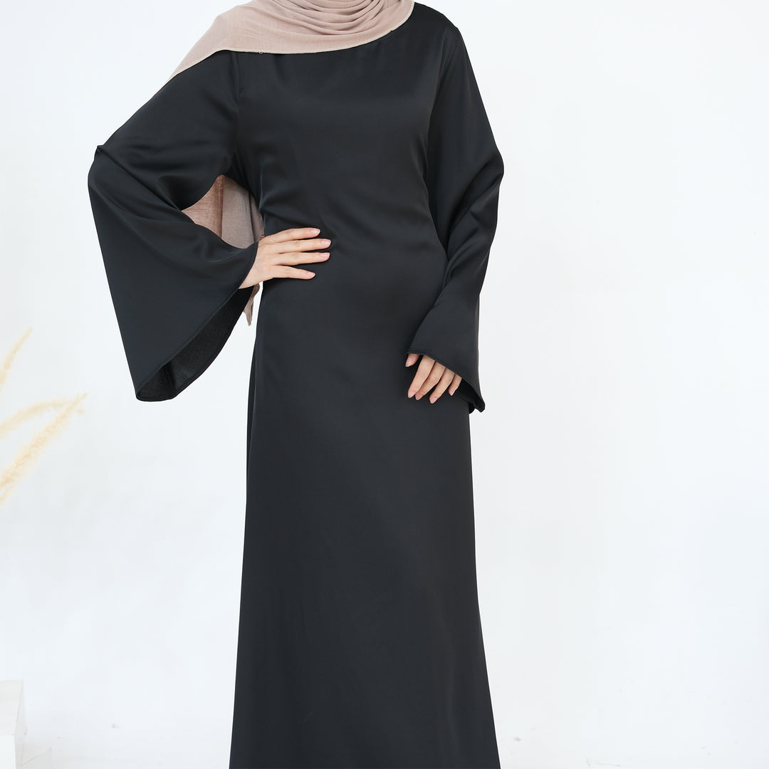 Get trendy with Calista Trumpet Sleeves Satin Dress - Black - Dresses available at Voilee NY. Grab yours for $59.90 today!