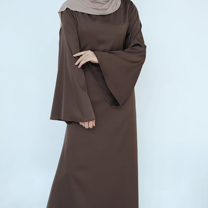 Get trendy with Calista Trumpet Sleeves Satin Dress - Brown - Dresses available at Voilee NY. Grab yours for $59.90 today!