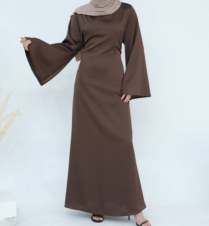 Get trendy with Calista Trumpet Sleeves Satin Dress - Brown - Dresses available at Voilee NY. Grab yours for $59.90 today!