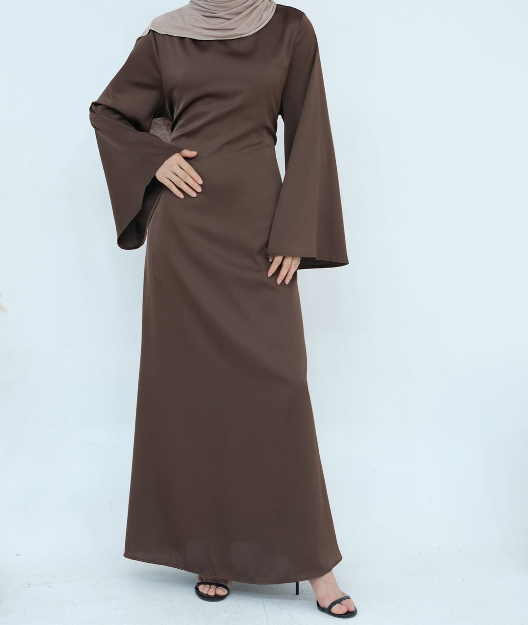 Get trendy with Calista Trumpet Sleeves Satin Dress - Brown - Dresses available at Voilee NY. Grab yours for $59.90 today!