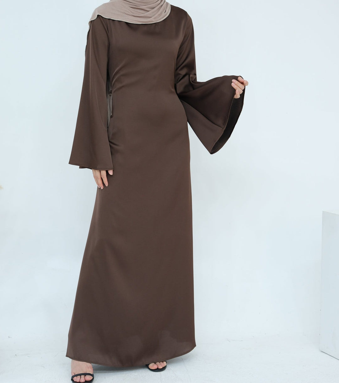 Get trendy with Calista Trumpet Sleeves Satin Dress - Brown - Dresses available at Voilee NY. Grab yours for $59.90 today!