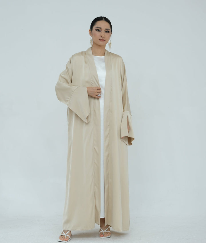 Get trendy with Lavinia Satin Open Abaya - Beige - Cardigan available at Voilee NY. Grab yours for $62.90 today!