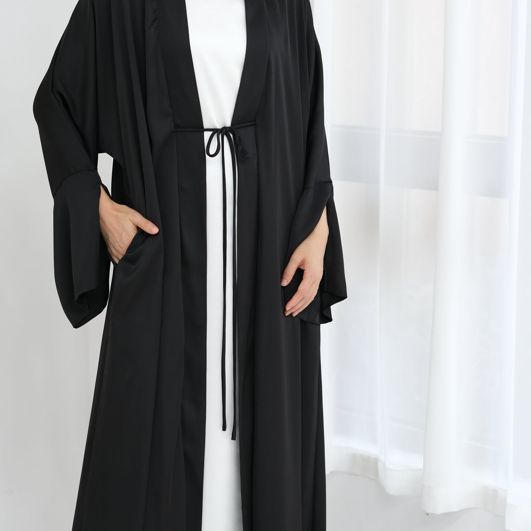 Get trendy with Lavinia Satin Open Abaya - Black - Cardigan available at Voilee NY. Grab yours for $62.90 today!