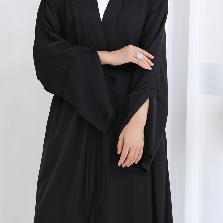 Get trendy with Lavinia Satin Open Abaya - Black - Cardigan available at Voilee NY. Grab yours for $62.90 today!