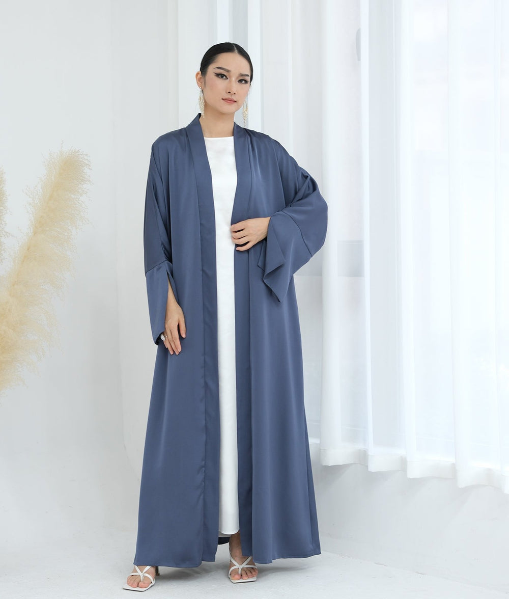 Get trendy with Lavinia Satin Open Abaya - Denim - Cardigan available at Voilee NY. Grab yours for $62.90 today!