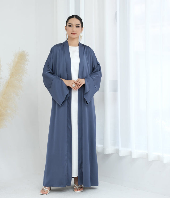 Get trendy with Lavinia Satin Open Abaya - Denim - Cardigan available at Voilee NY. Grab yours for $62.90 today!