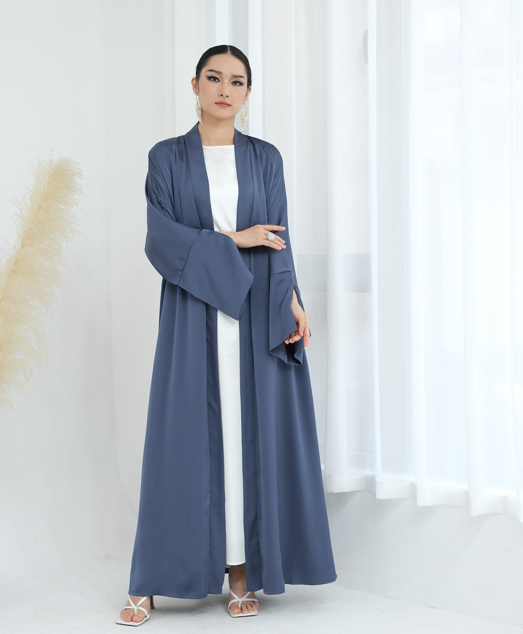 Get trendy with Lavinia Satin Open Abaya - Denim - Cardigan available at Voilee NY. Grab yours for $62.90 today!