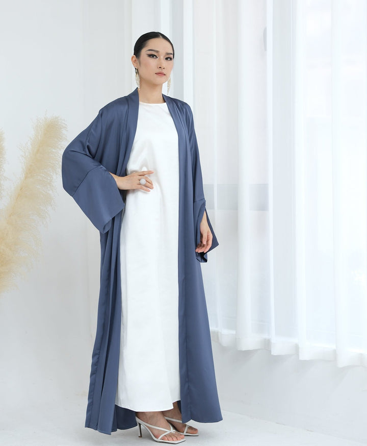 Get trendy with Lavinia Satin Open Abaya - Denim - Cardigan available at Voilee NY. Grab yours for $62.90 today!