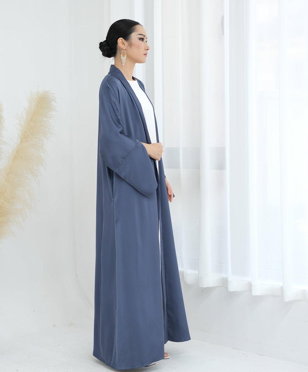 Get trendy with Lavinia Satin Open Abaya - Denim - Cardigan available at Voilee NY. Grab yours for $62.90 today!