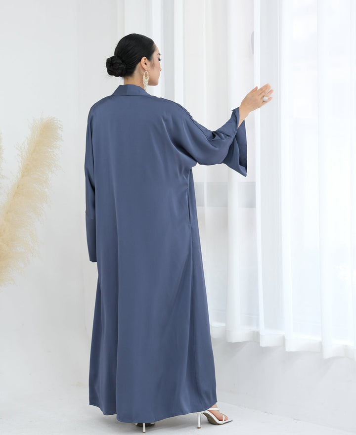 Get trendy with Lavinia Satin Open Abaya - Denim - Cardigan available at Voilee NY. Grab yours for $62.90 today!