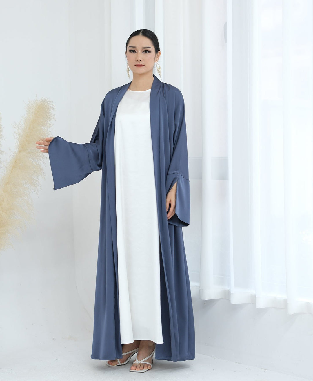 Get trendy with Lavinia Satin Open Abaya - Denim - Cardigan available at Voilee NY. Grab yours for $62.90 today!