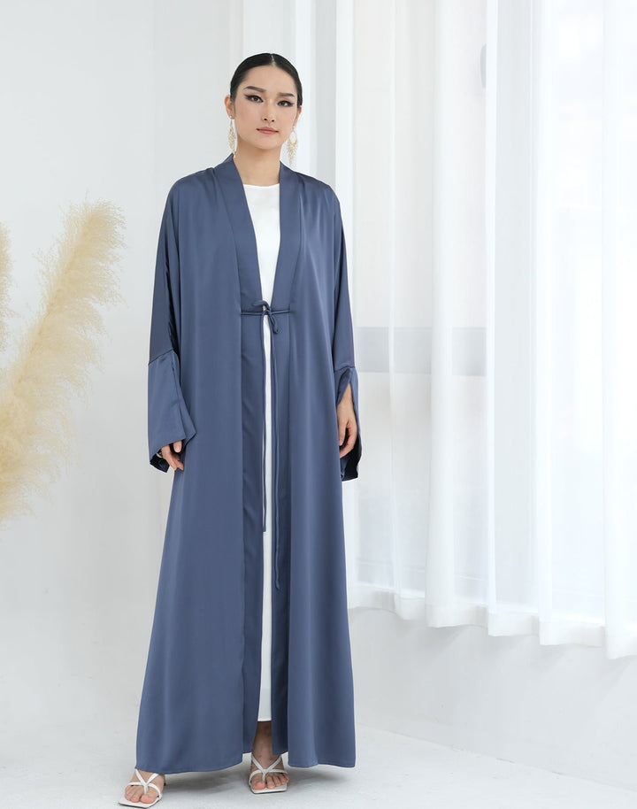 Get trendy with Lavinia Satin Open Abaya - Denim - Cardigan available at Voilee NY. Grab yours for $62.90 today!