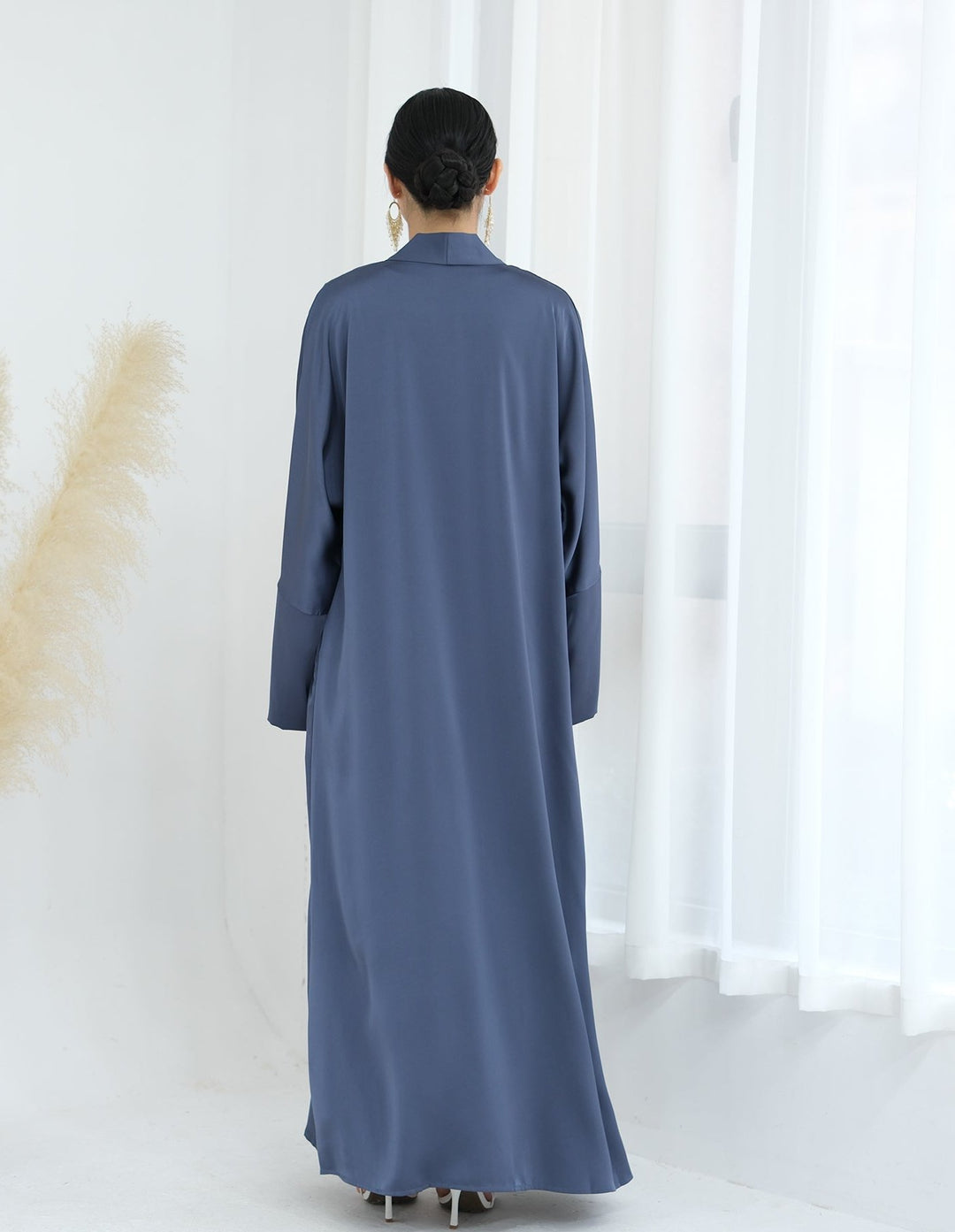 Get trendy with Lavinia Satin Open Abaya - Denim - Cardigan available at Voilee NY. Grab yours for $62.90 today!