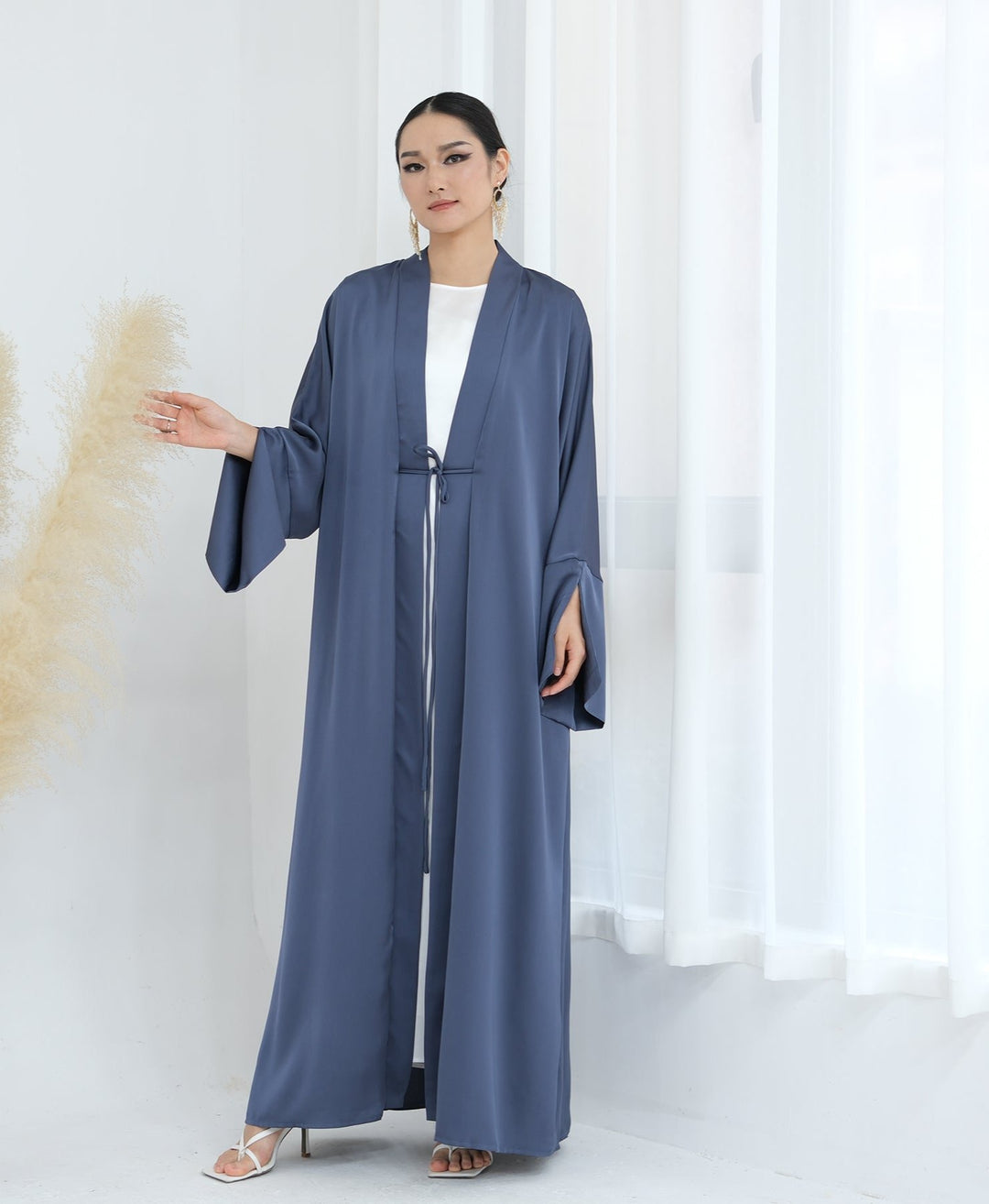 Get trendy with Lavinia Satin Open Abaya - Denim - Cardigan available at Voilee NY. Grab yours for $62.90 today!