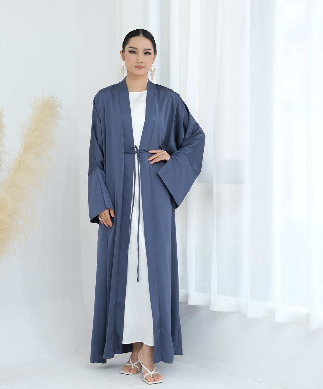 Get trendy with Lavinia Satin Open Abaya - Denim - Cardigan available at Voilee NY. Grab yours for $62.90 today!