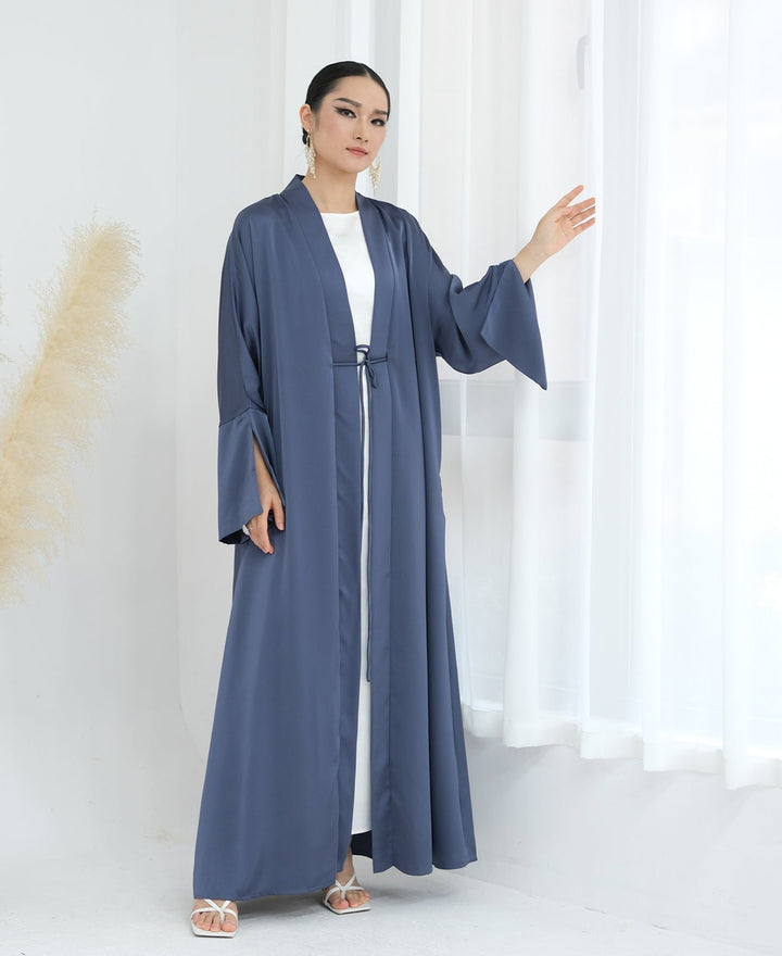 Get trendy with Lavinia Satin Open Abaya - Denim - Cardigan available at Voilee NY. Grab yours for $62.90 today!