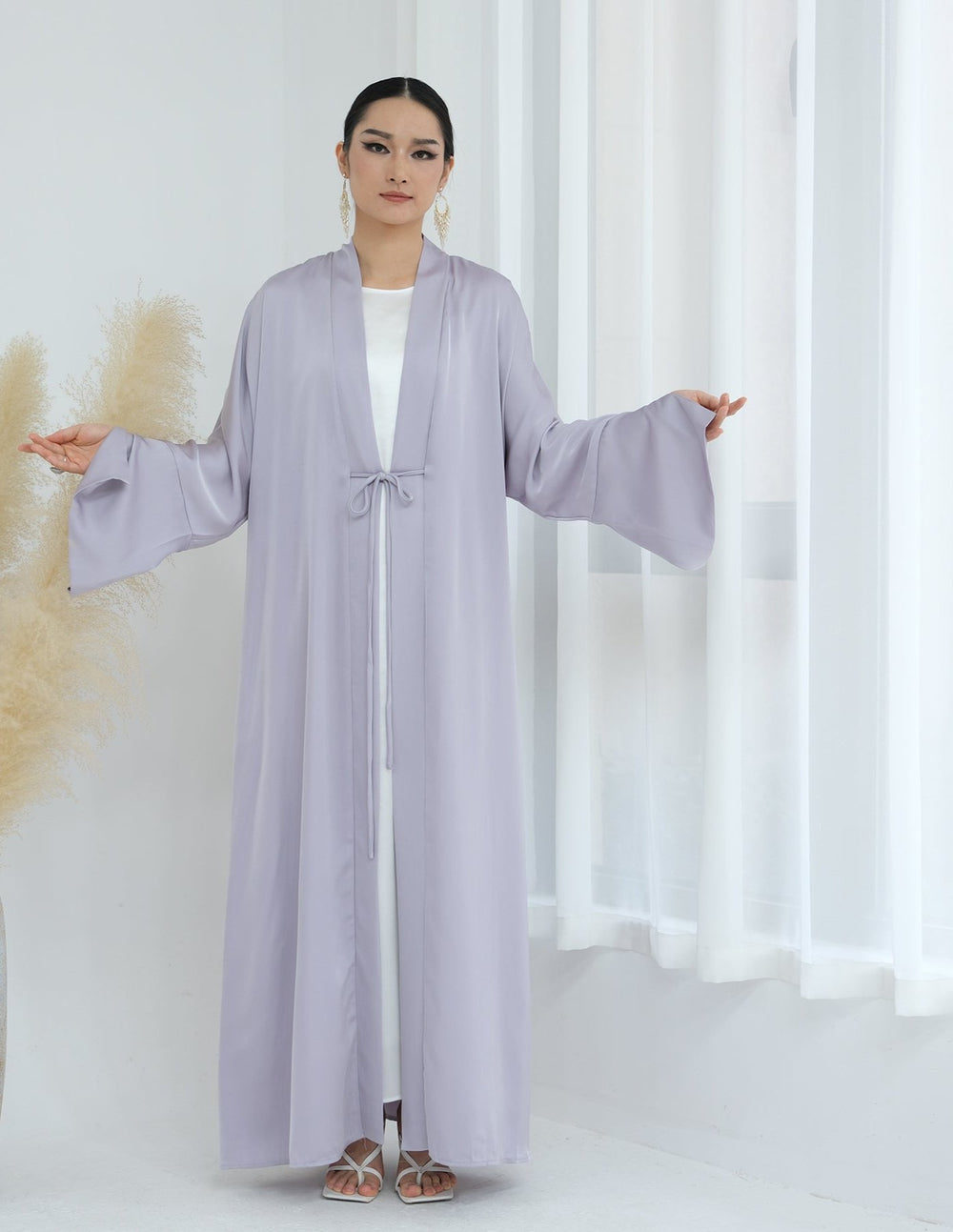 Get trendy with Lavinia Satin Open Abaya - Lavender - Cardigan available at Voilee NY. Grab yours for $62.90 today!