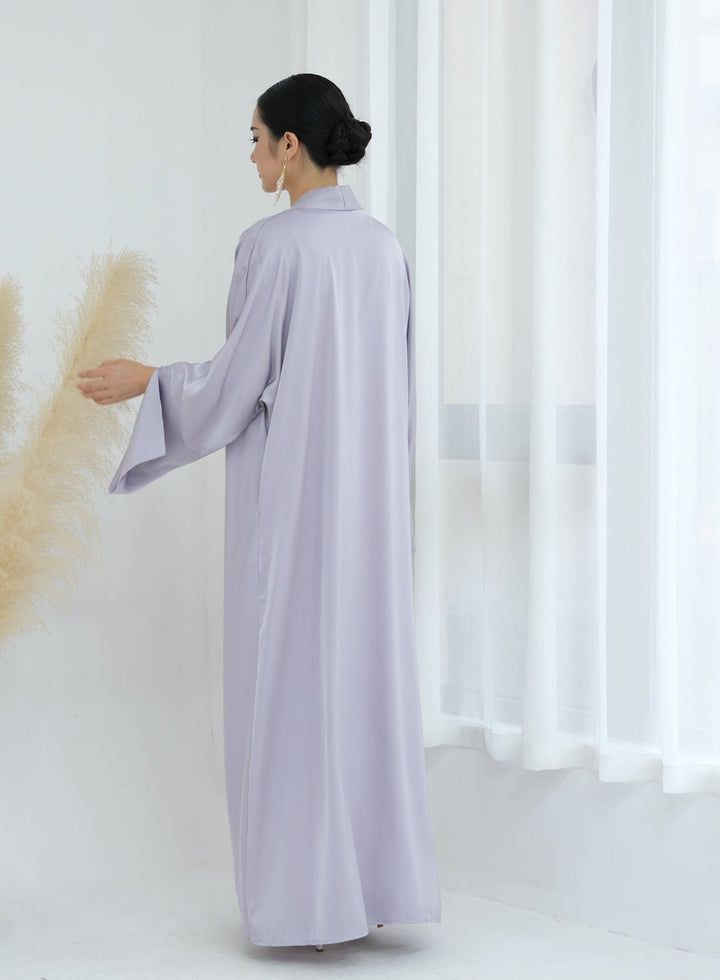 Get trendy with Lavinia Satin Open Abaya - Lavender - Cardigan available at Voilee NY. Grab yours for $62.90 today!