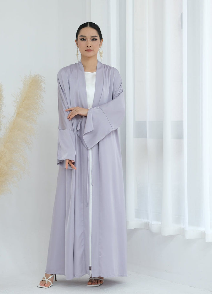 Get trendy with Lavinia Satin Open Abaya - Lavender - Cardigan available at Voilee NY. Grab yours for $62.90 today!