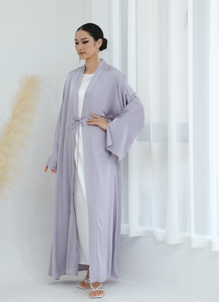 Get trendy with Lavinia Satin Open Abaya - Lavender - Cardigan available at Voilee NY. Grab yours for $62.90 today!