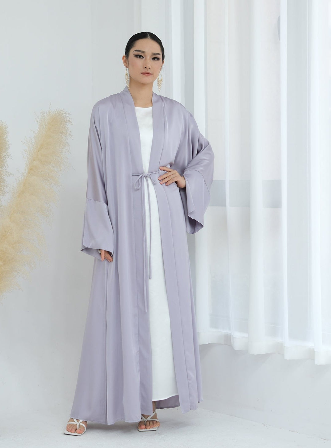 Get trendy with Lavinia Satin Open Abaya - Lavender - Cardigan available at Voilee NY. Grab yours for $62.90 today!