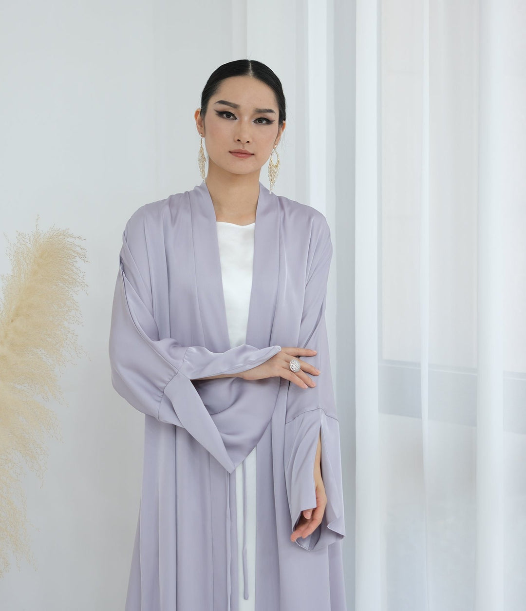 Get trendy with Lavinia Satin Open Abaya - Lavender - Cardigan available at Voilee NY. Grab yours for $62.90 today!