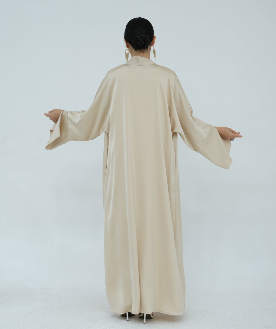 Get trendy with Lavinia Satin Open Abaya - Beige - Cardigan available at Voilee NY. Grab yours for $62.90 today!