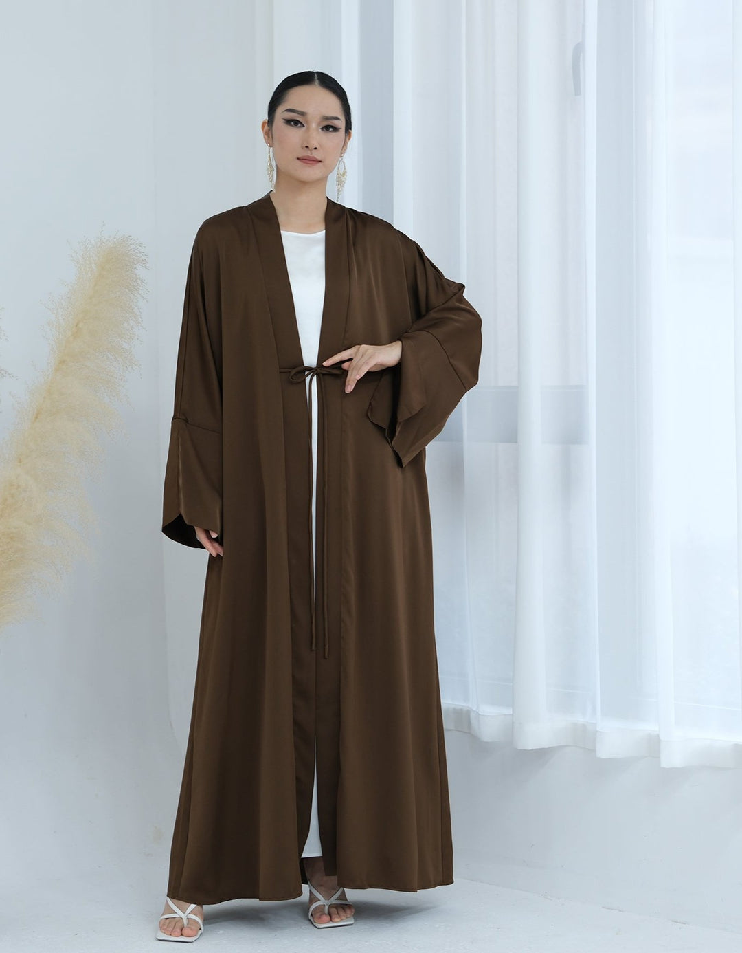 Get trendy with Lavinia Satin Open Abaya - Chocolate - Cardigan available at Voilee NY. Grab yours for $62.90 today!