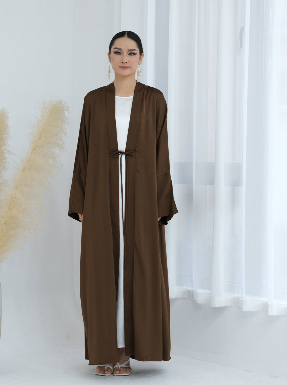 Get trendy with Lavinia Satin Open Abaya - Chocolate - Cardigan available at Voilee NY. Grab yours for $62.90 today!