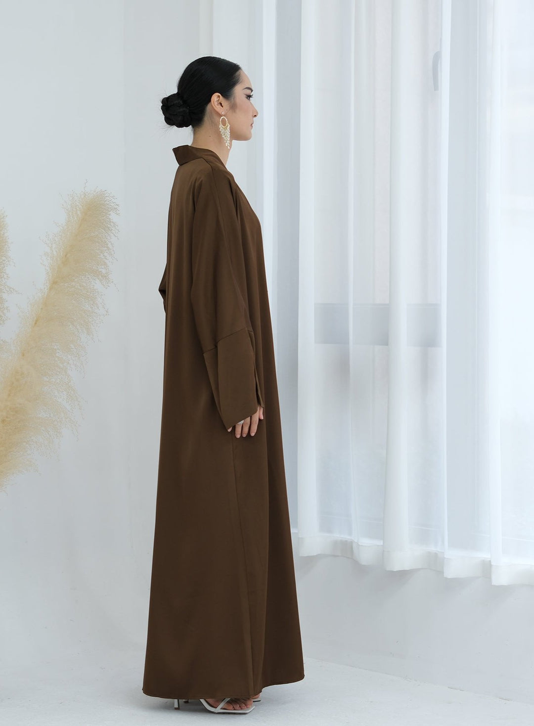 Get trendy with Lavinia Satin Open Abaya - Chocolate - Cardigan available at Voilee NY. Grab yours for $62.90 today!