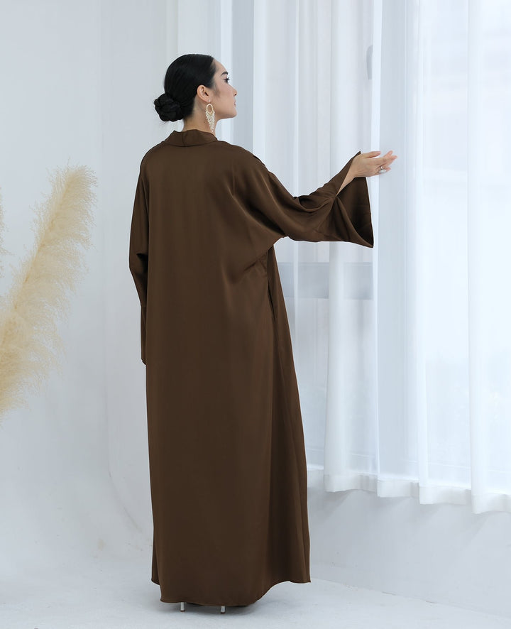 Get trendy with Lavinia Satin Open Abaya - Chocolate - Cardigan available at Voilee NY. Grab yours for $62.90 today!