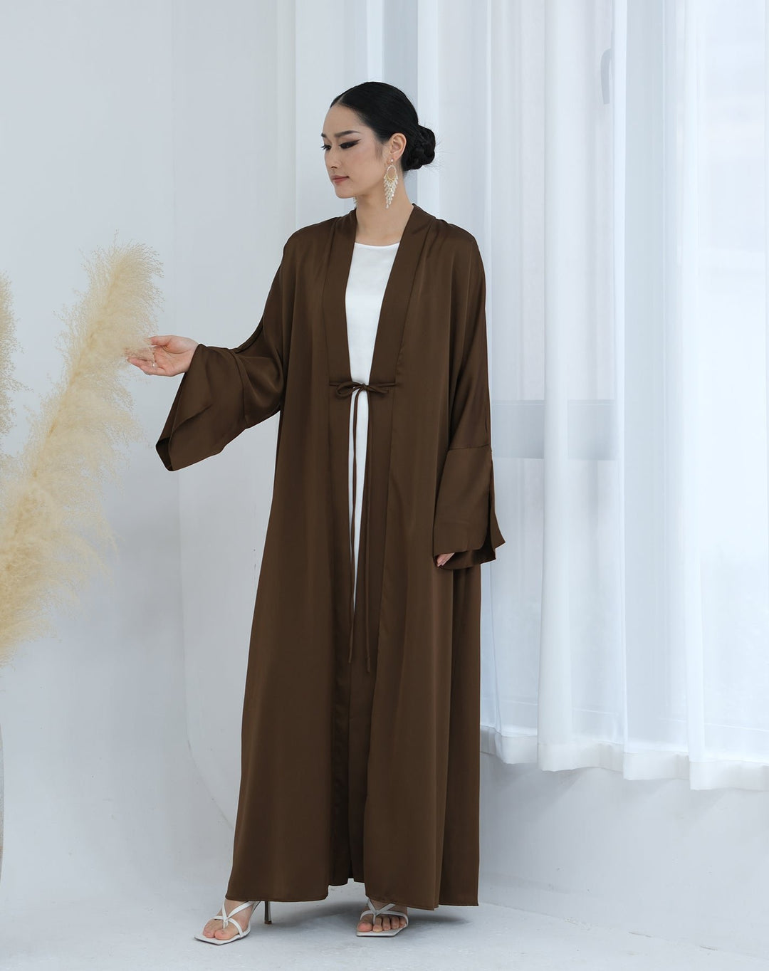 Get trendy with Lavinia Satin Open Abaya - Chocolate - Cardigan available at Voilee NY. Grab yours for $62.90 today!