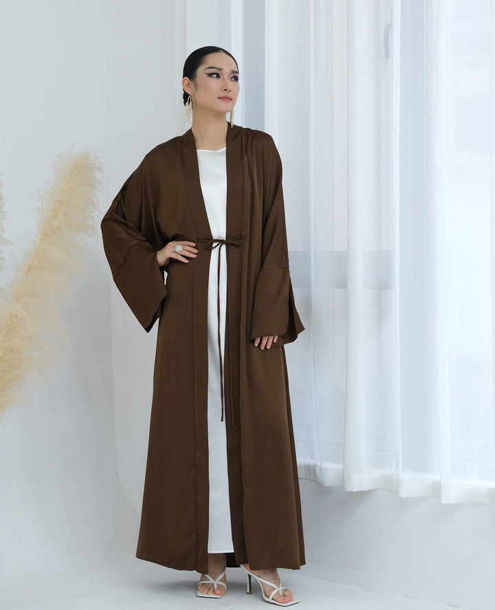 Get trendy with Lavinia Satin Open Abaya - Chocolate - Cardigan available at Voilee NY. Grab yours for $62.90 today!