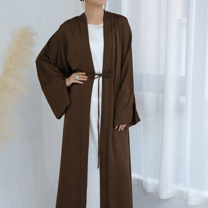 Get trendy with Lavinia Satin Open Abaya - Chocolate - Cardigan available at Voilee NY. Grab yours for $62.90 today!